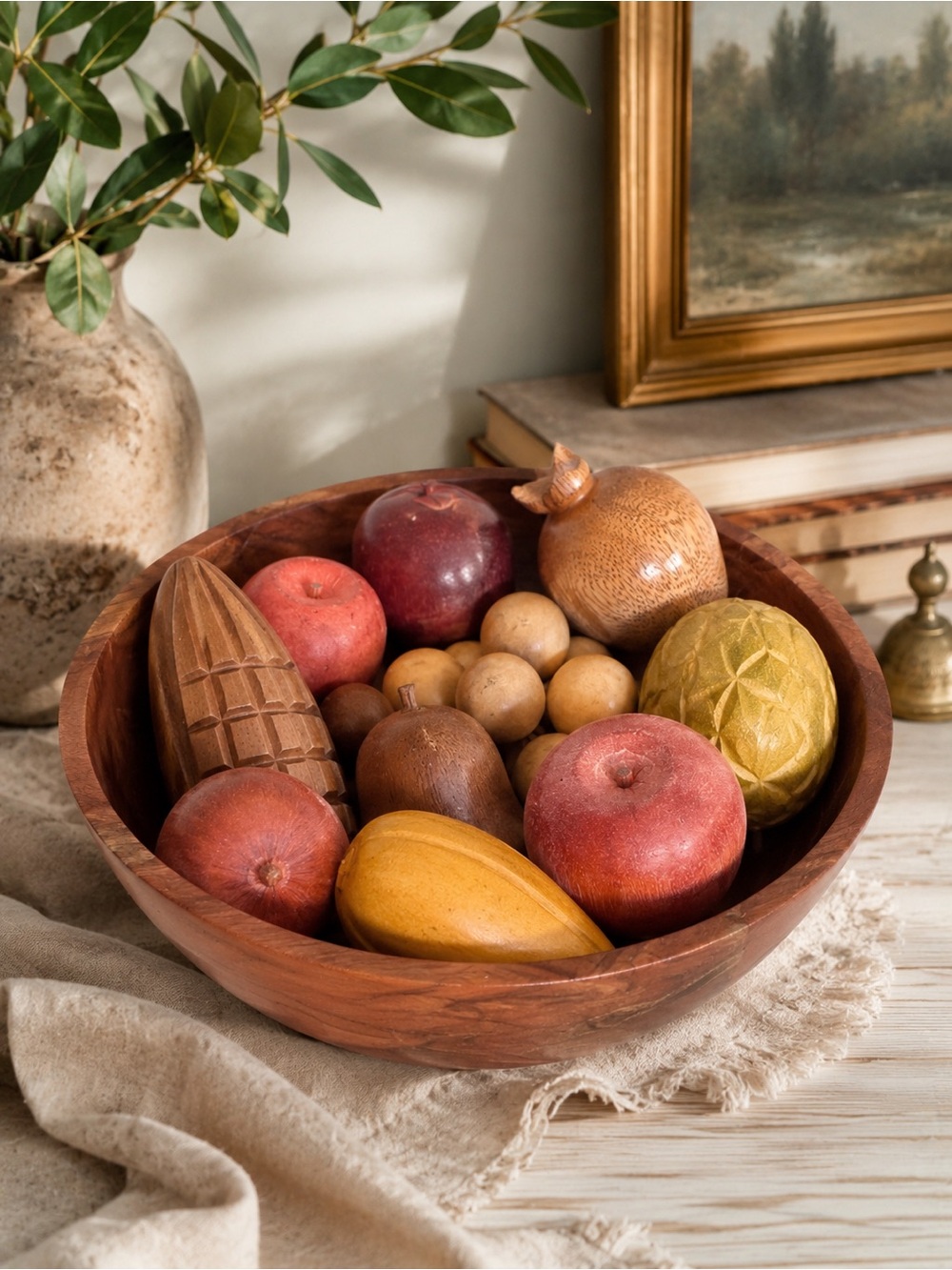 Vintage Wood Fruit Bowl Set Rustic Luxe Artisan Curated Heirloom Kitchen Decor